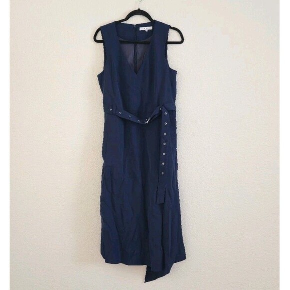 Tibi Twill V-Neck Draped Dress Navy Blue Wrap Asymmetrical Slit Size 8 - Picture 2 of 10